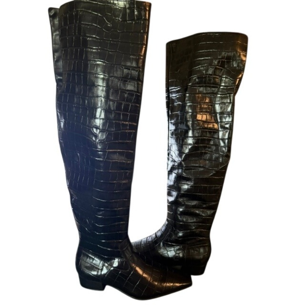 Schutz Helena Black Croc Embossed Leather Over The Knee Boots Pointed Toe 8.5B